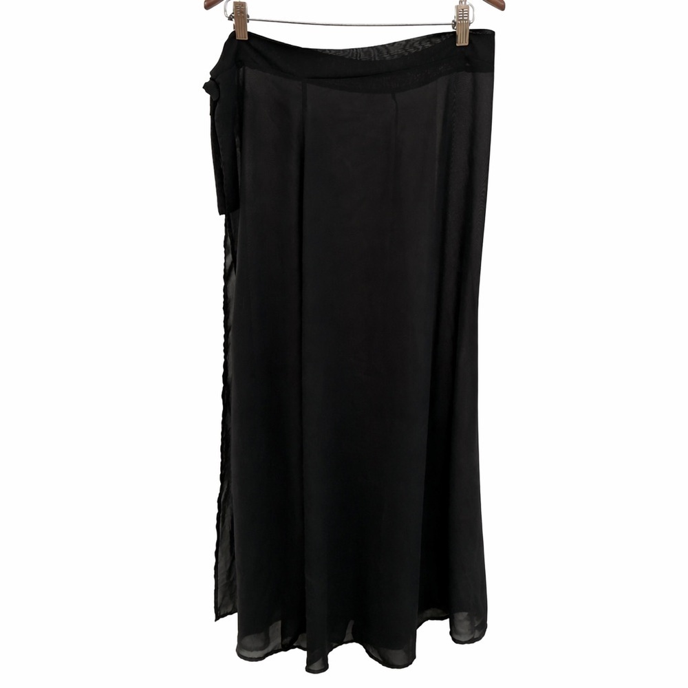 Black Sheer Chiffon Wrap Midi Skirt | Tie Waist Flowing Layered Overlay